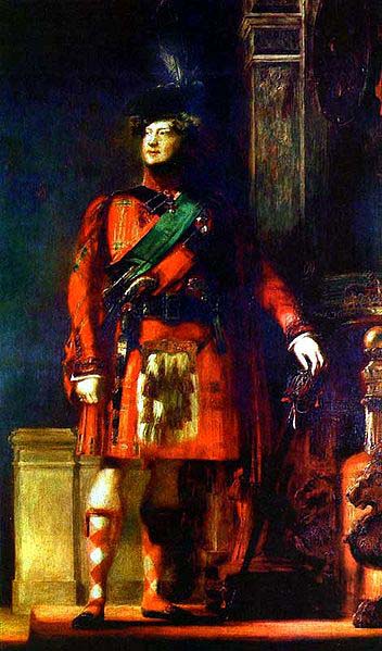 Sir David Wilkie flattering portrait of the kilted King George IV for the Visit of King George IV to Scotland, with lighting chosen to tone down the b